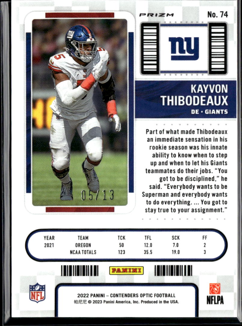 Kayvon Thibodeaux 2022 Contenders Optic Red White Blue RC 5/13 New York Giants