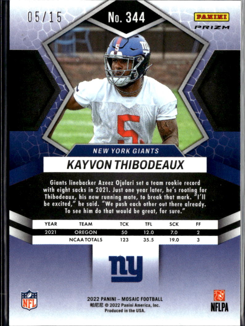 Kayvon Thibodeaux 2022 Mosaic Blue Fluorescent Prizm Rookie 5/15 New York Giants