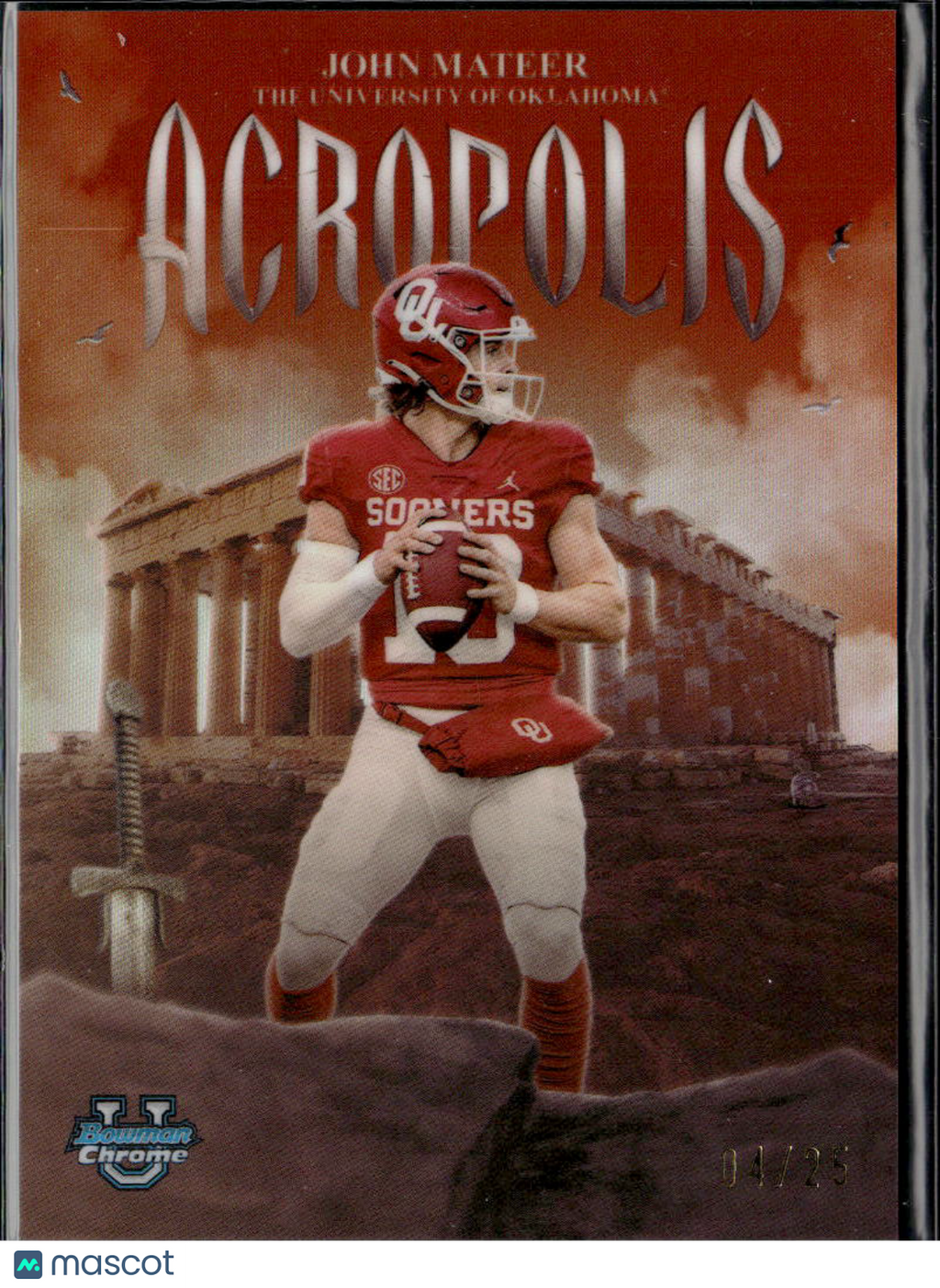 John Mateer 2025 Bowman Chrome Acropolis Orange Refractor 4/25 Oklahoma Sooners