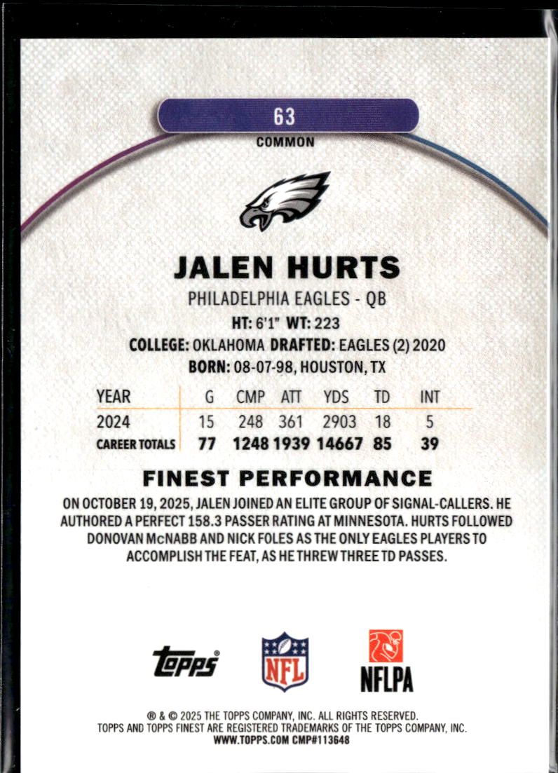 Jalen Hurts 2025 Topps Finest Green Diamond Refractor /75 Philadelphia Eagles