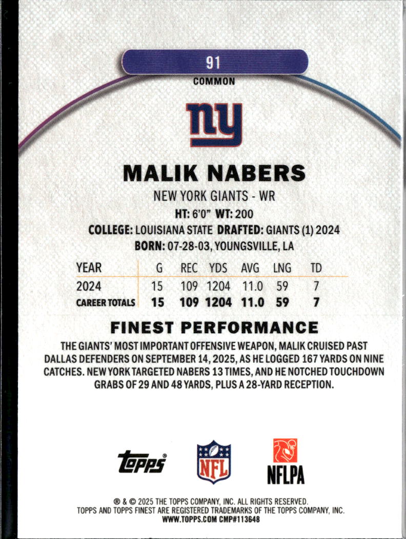 Malik Nabers 2025 Topps Finest Blue Refractor 42/99 New York Giants