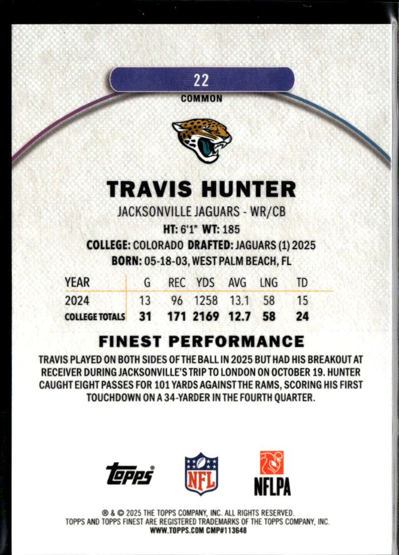 Travis Hunter 2025 Topps Finest Green Refractor Rookie 9/75 Jacksonville Jaguars