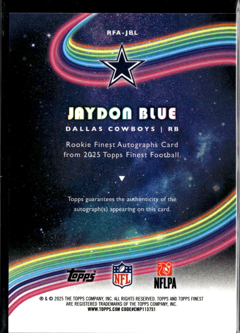 Jaydon Blue 2025 Topps Finest Auto Autograph Blue 27/99 Dallas Cowboys