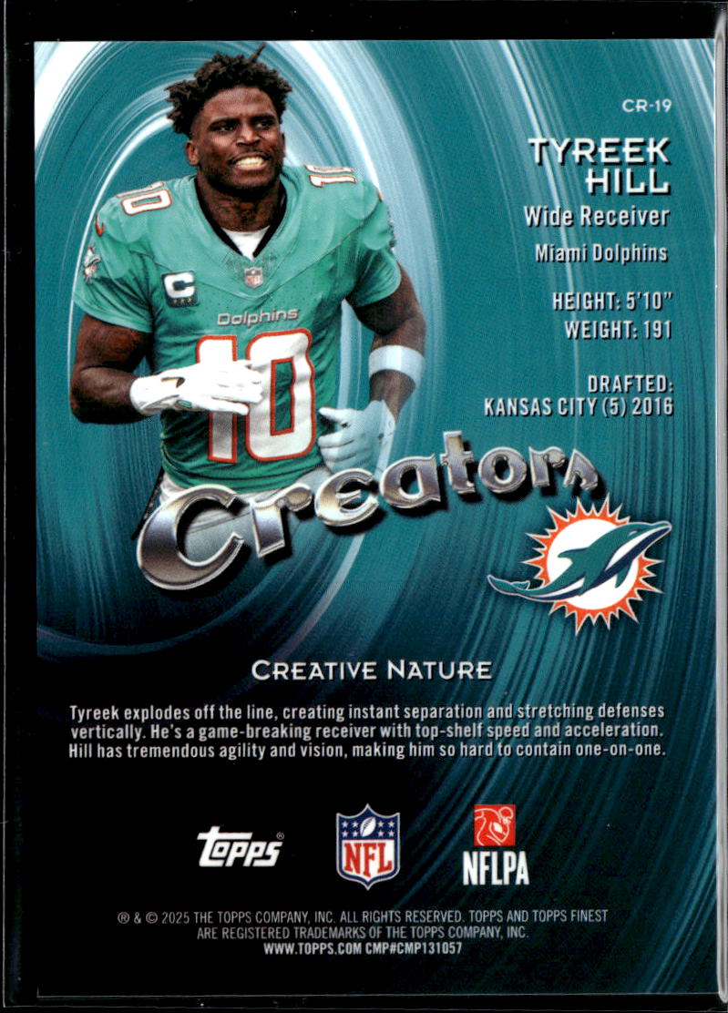Tyreek Hill 2025 Topps Finest Creators Orange Refractor 18/25 Miami Dolphins