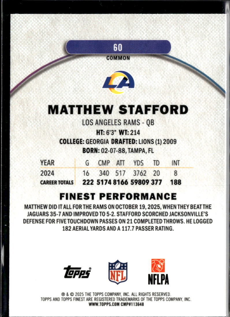 Matthew Stafford 2025 Topps Finest Blue Refractor /99 Los Angeles Rams