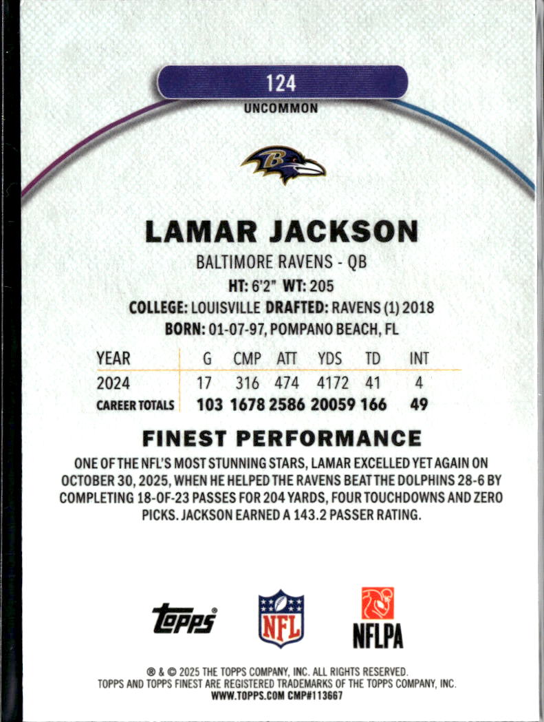 Lamar Jackson 2025 Topps Finest RARE Blue Refractor 58/75 Baltimore Ravens