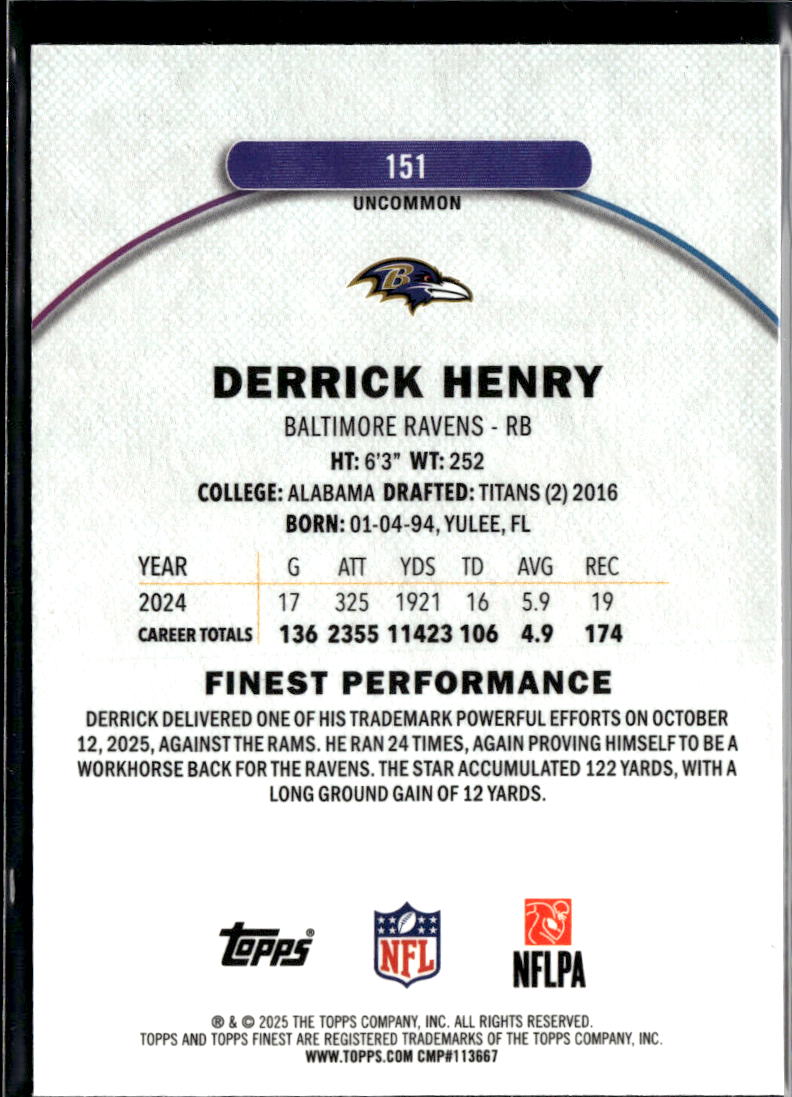 Derrick Henry 2025 Topps Finest Blue Refractor /75 Baltimore Ravens