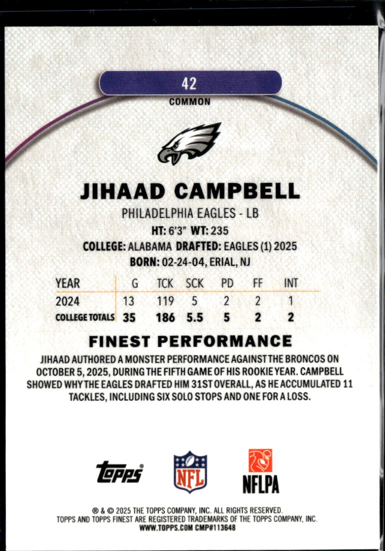 Jihaad Campbell 2025 Topps Finest RC Green Refractor 63/75 Philadelphia Eagles