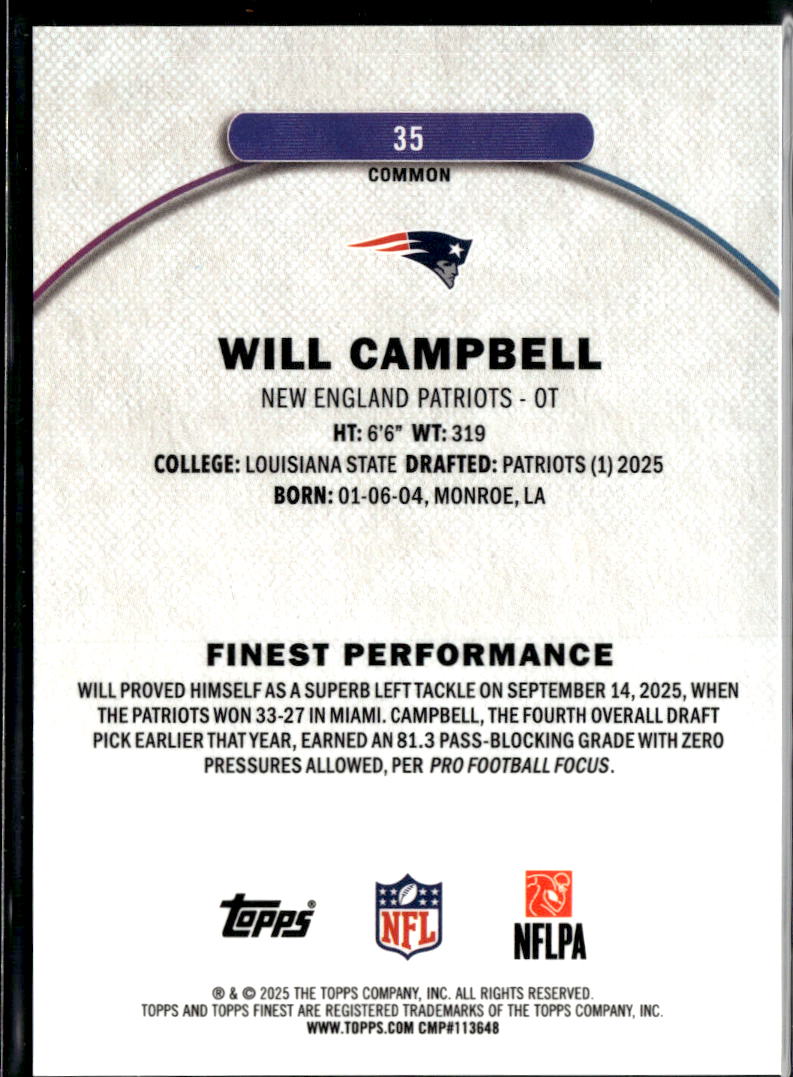 Will Campbell 2025 Topps Finest Green Refractor RC 59/75 New England Patriots