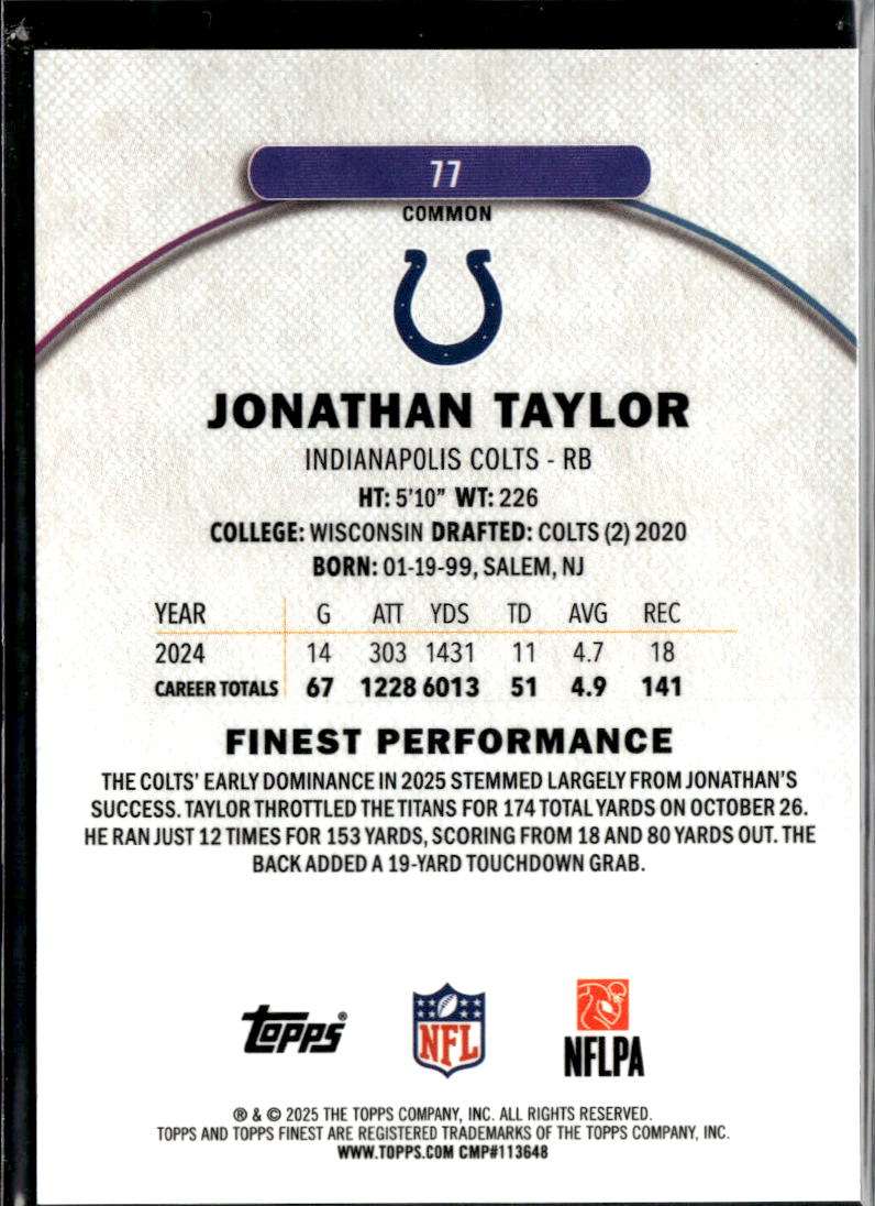 Jonathan Taylor 2025 Topps Finest Green Refractor 52/75 Indianapolis Colts