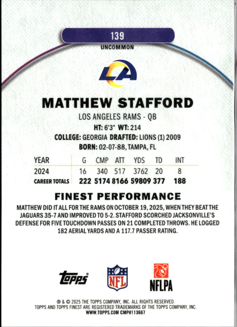Matthew Stafford 2025 Topps Finest RARE Green Refractor 28/35 Los Angeles Rams