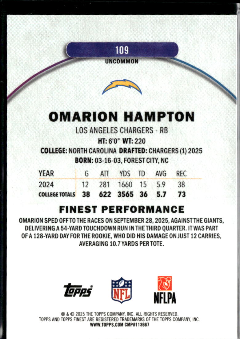 Omarion Hampton 2025 Topps Finest RC Green Refractor 4/35 Los Angeles Chargers