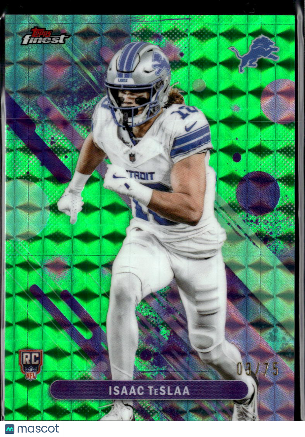 Isaac TeSlaa 2025 Topps Finest RC Green Refractor Rookie 3/75 Detroit Lions