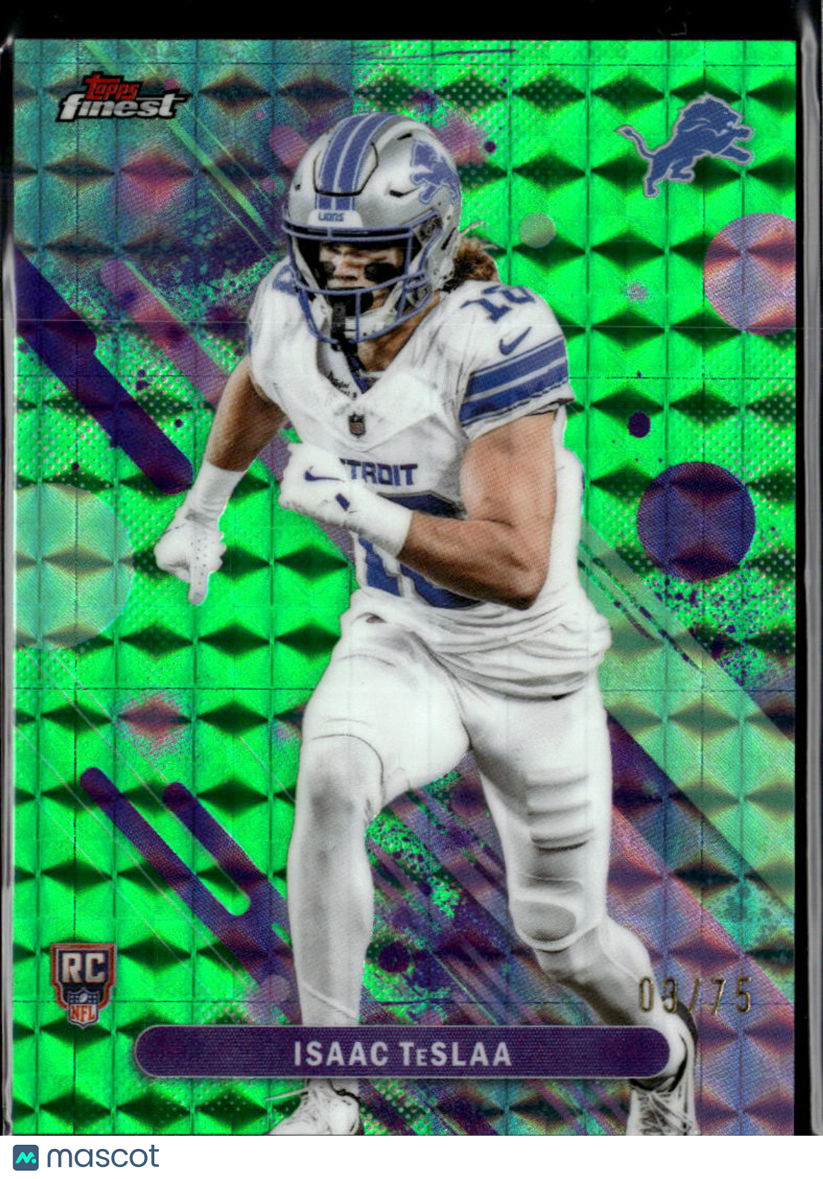 Isaac TeSlaa 2025 Topps Finest RC Green Refractor Rookie 3/75 Detroit Lions
