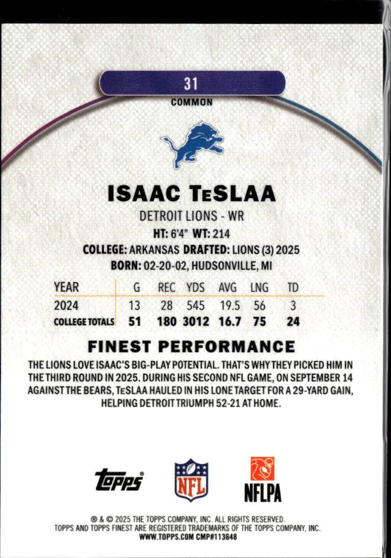 Isaac TeSlaa 2025 Topps Finest RC Green Refractor Rookie 3/75 Detroit Lions