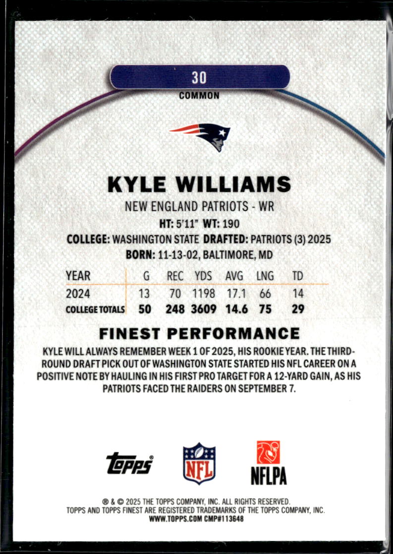 Kyle Williams 2025 Topps Finest RC Blue Refractor /99 New England Patriots
