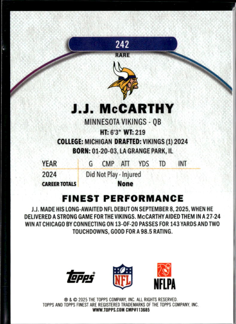 J.J. McCarthy 2025 Topps Finest Orange Refractor 9/15 Minnesota Vikings