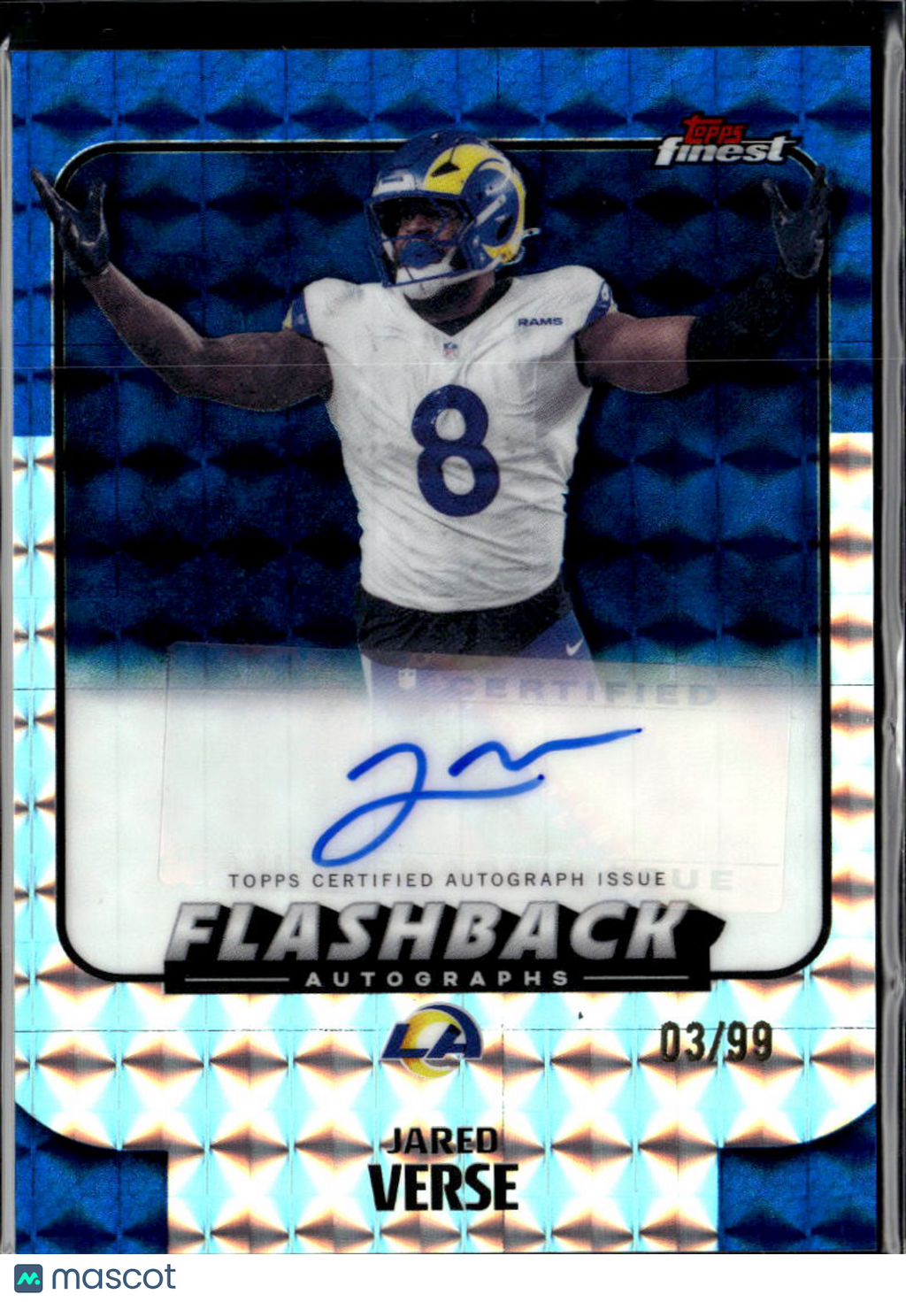 Jared Verse 2025 Topps Finest Flashback Auto Blue Refractor /99 Los Angeles Rams