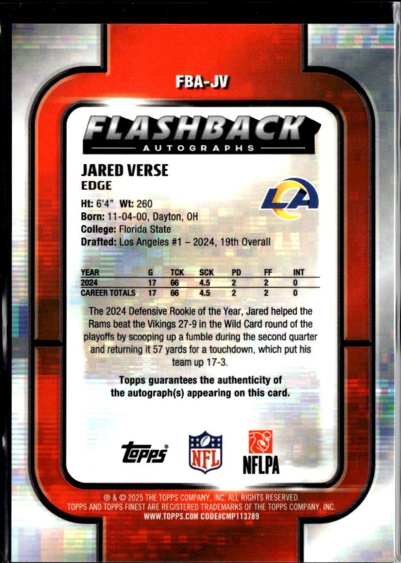 Jared Verse 2025 Topps Finest Flashback Auto Blue Refractor /99 Los Angeles Rams