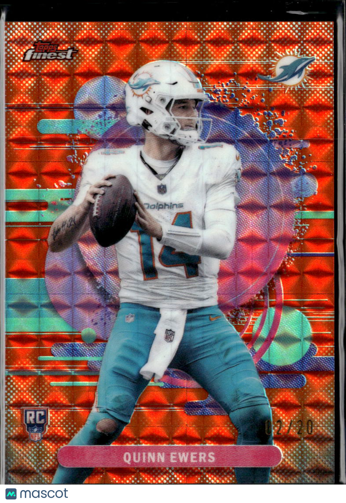 Quinn Ewers 2025 Topps Finest RC Orange Refractor Rookie 2/20 Miami Dolphins