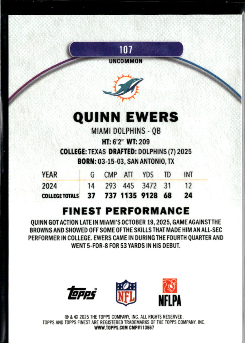 Quinn Ewers 2025 Topps Finest RC Orange Refractor Rookie 2/20 Miami Dolphins
