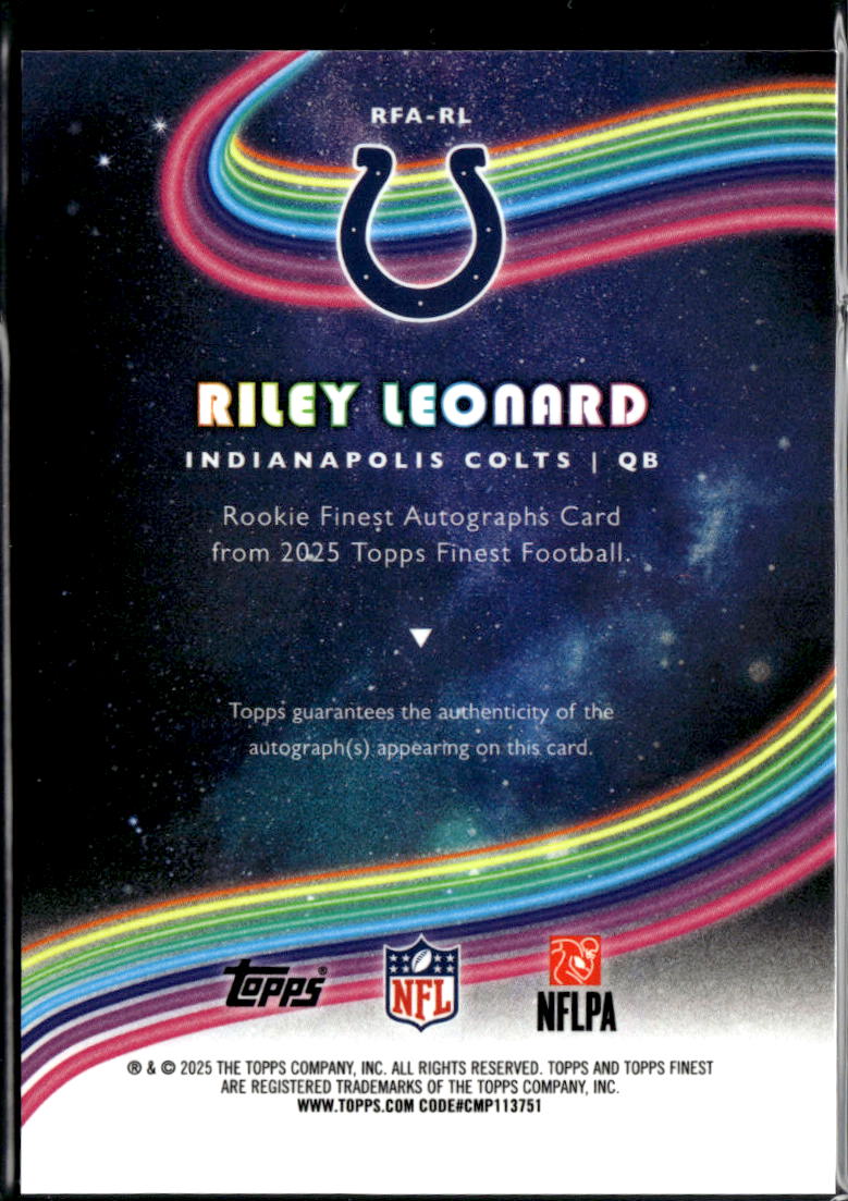 Riley Leonard 2025 Topps Finest Auto Autograph Rookie RC Indianapolis Colts