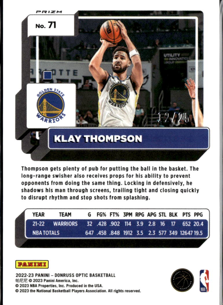 Klay Thompson 2022-23 Optic Pink Velocity Prizm 12/25 Golden State Warriors
