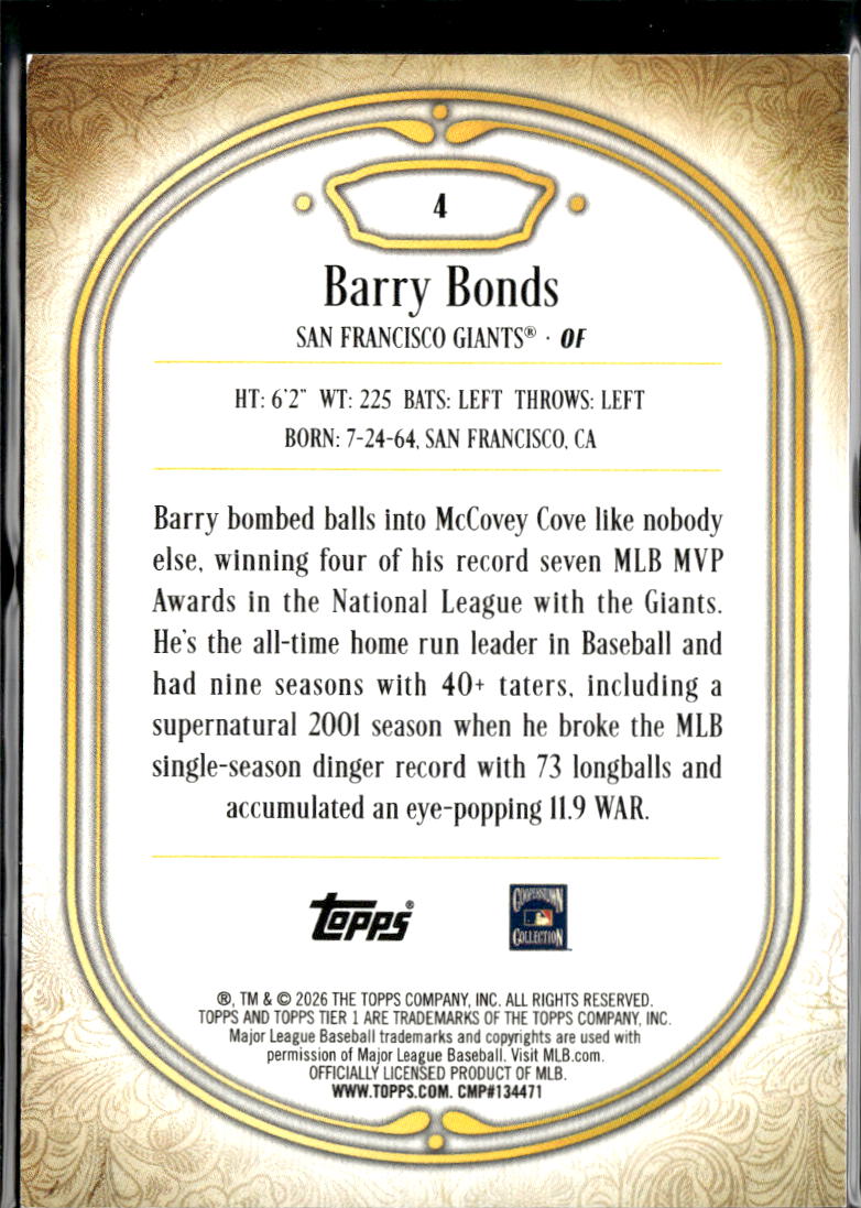 Barry Bonds 2026 Topps Tier One GOLD 35/99 San Francisco Giants