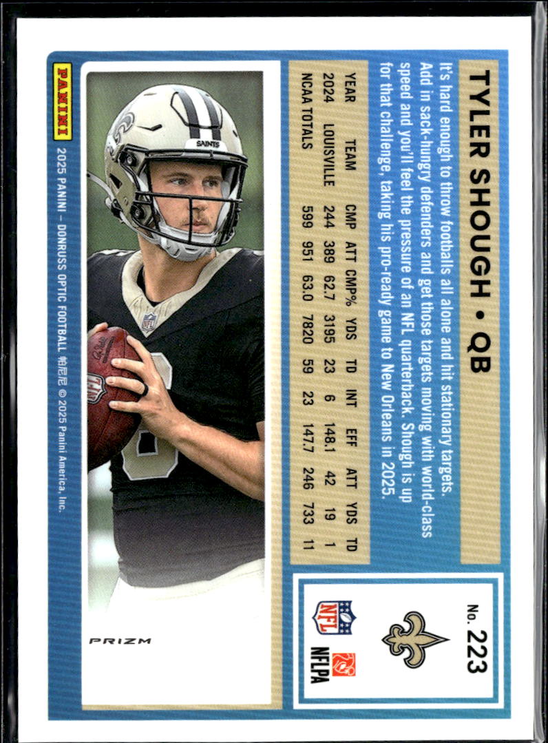 Tyler Shough 2025 Optic Rated Rookie Purple Shock Prizm New Orleans Saints