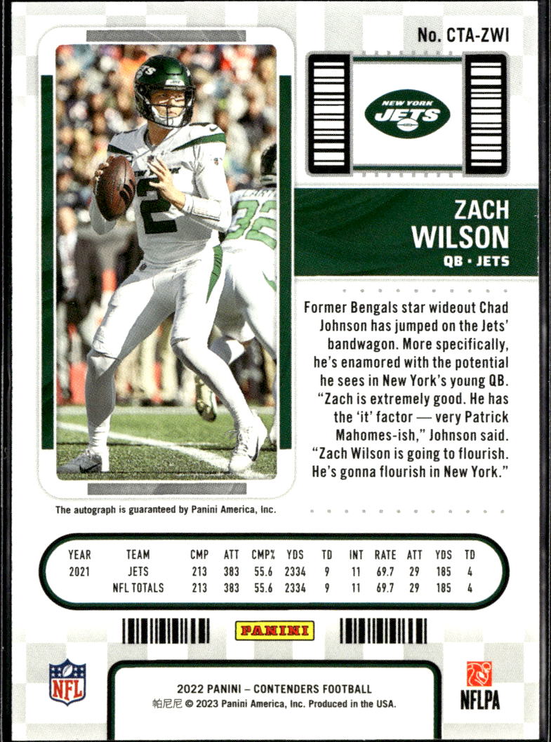 Zach Wilson 2023 Panini Contenders Football Veteran Ticket Auto New York Jets