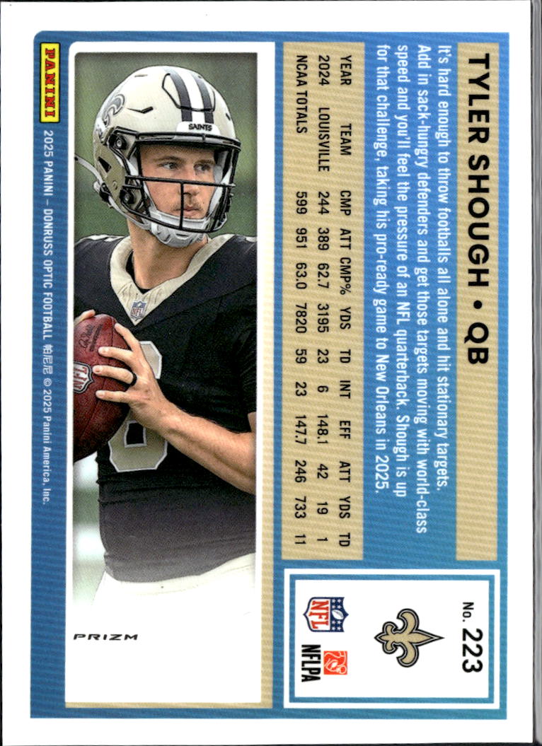 Tyler Shough 2025 Optic Rated Rookie Purple Shock Prizm New Orleans Saints