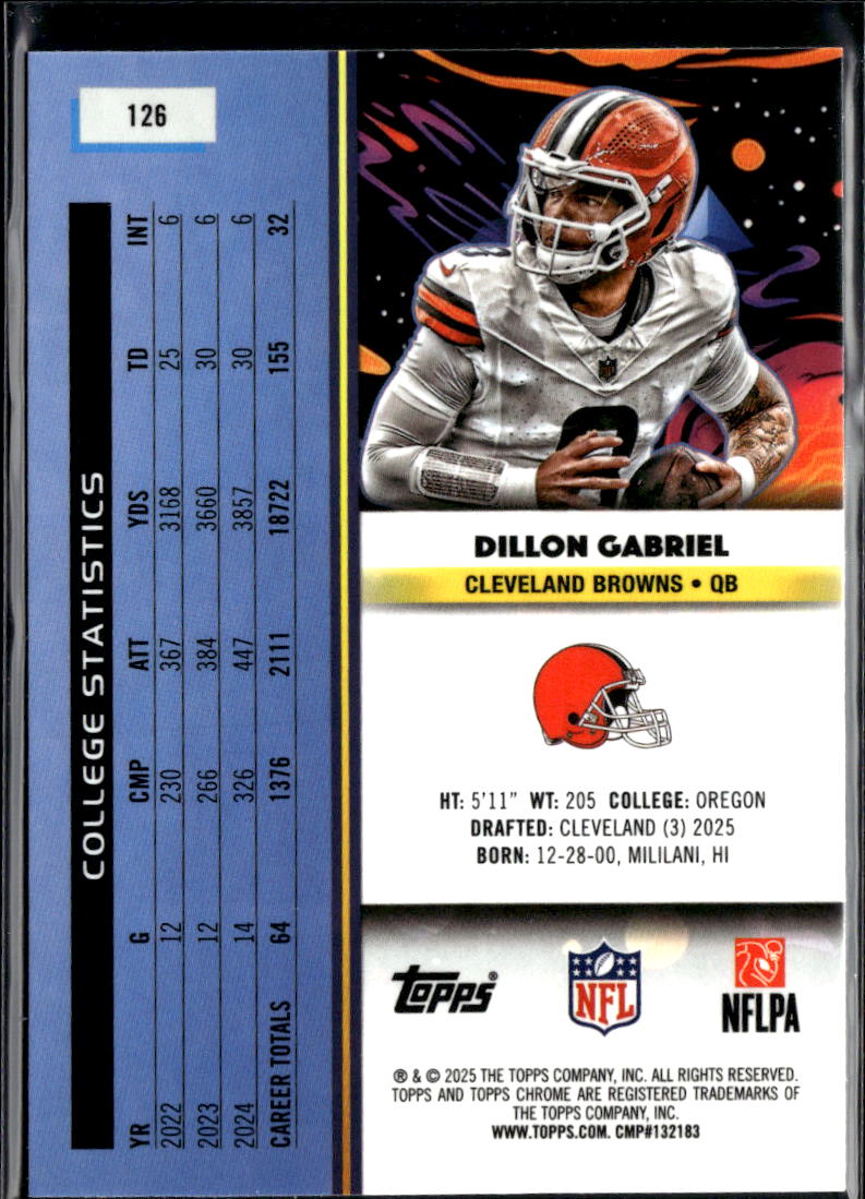Dillon Gabriel 2025 Topps Chrome Cosmic Nucleus Refractor SSP RC Browns