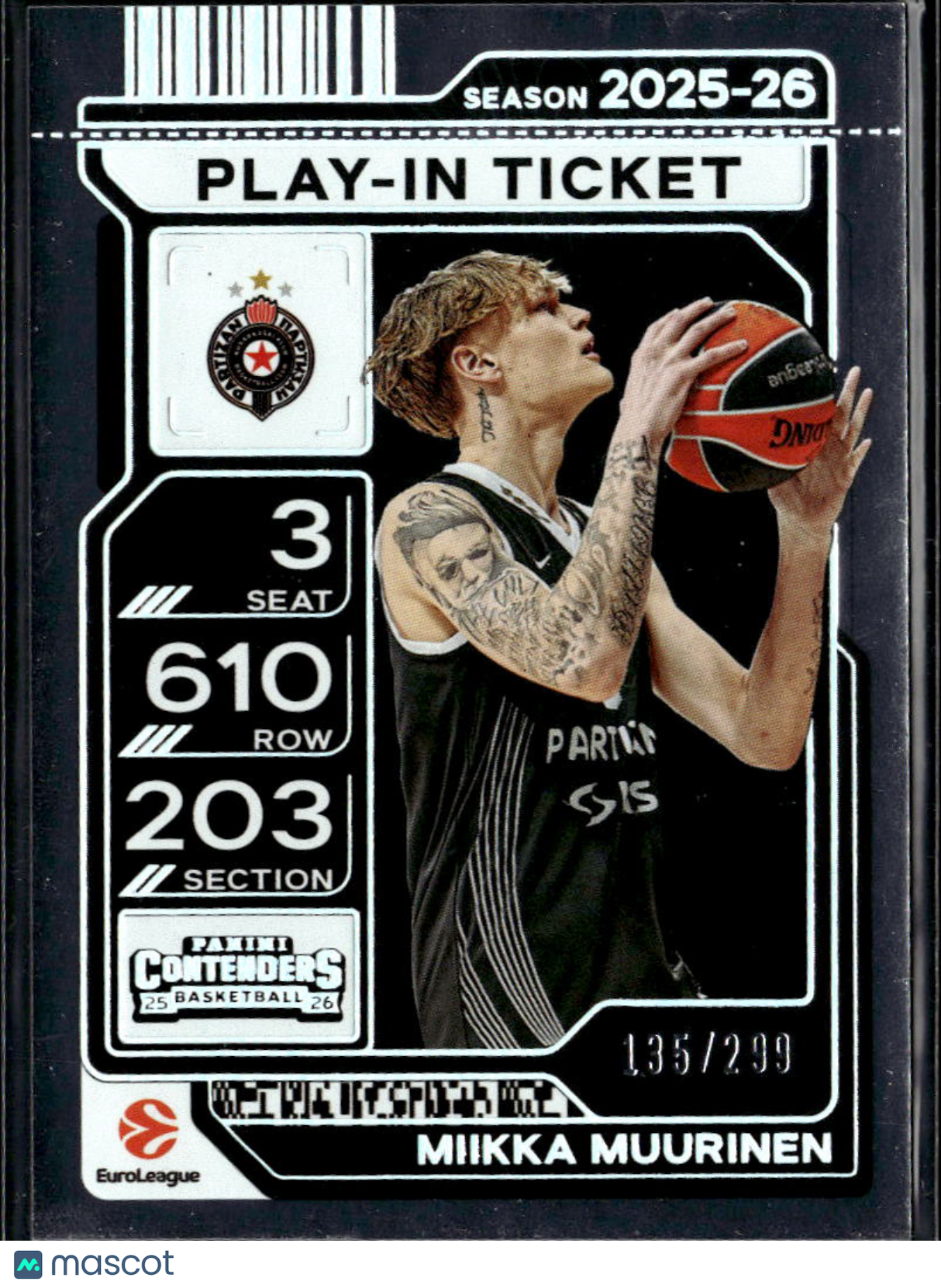 Miikka Muurinen 2025 Contenders Play-In Ticket RC 135/299 Partizan Belgrade