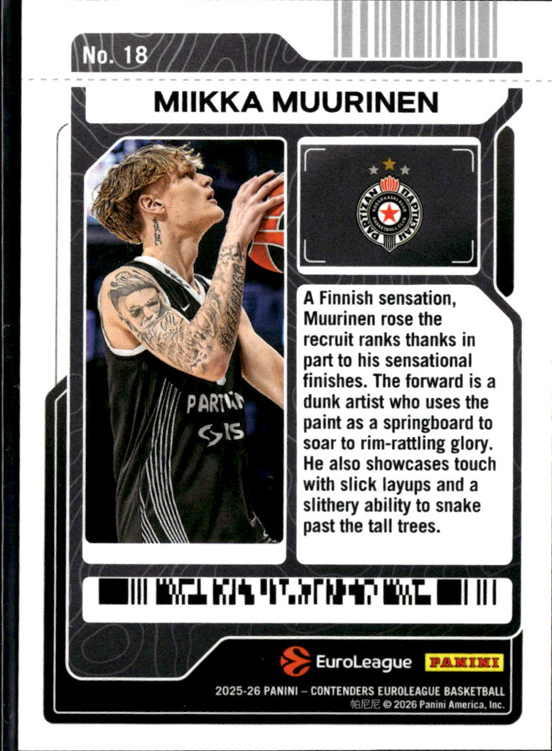 Miikka Muurinen 2025 Contenders Play-In Ticket RC 135/299 Partizan Belgrade