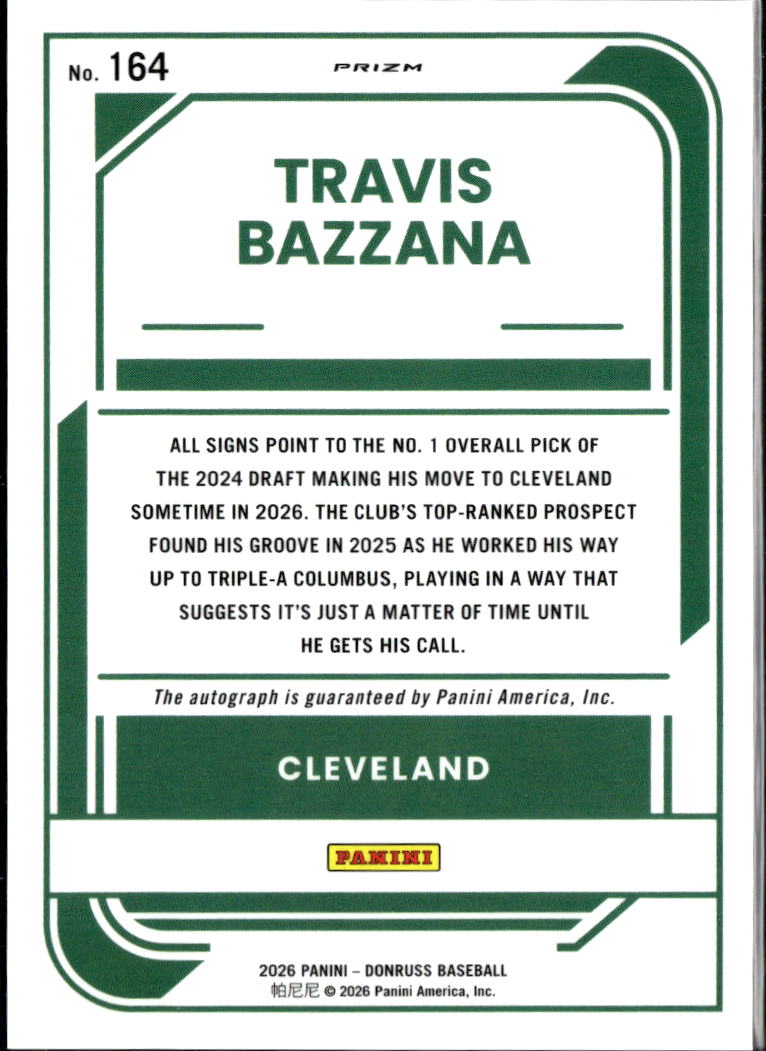 Travis Bazzana 2026 Optic Auto Autograph Holo Cleveland Guardians