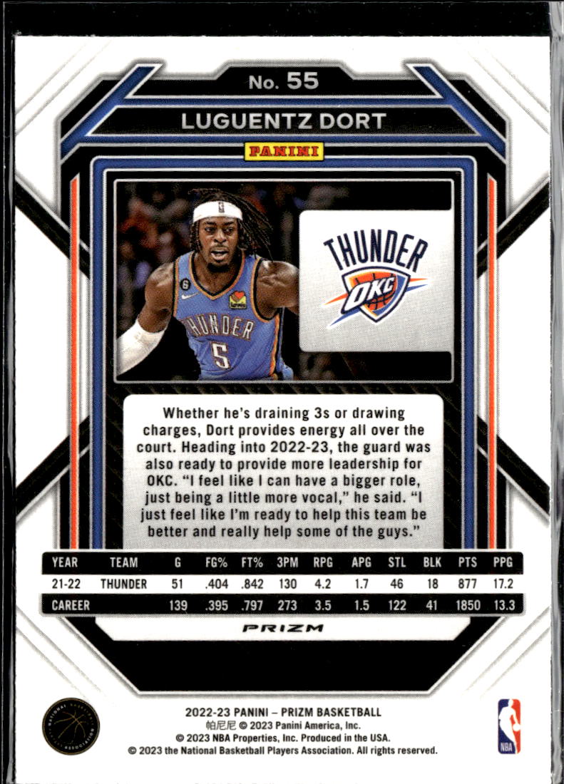 Luguentz Dort 2022-23 Prizm Red Sparkle SSP Oklahoma City Thunder