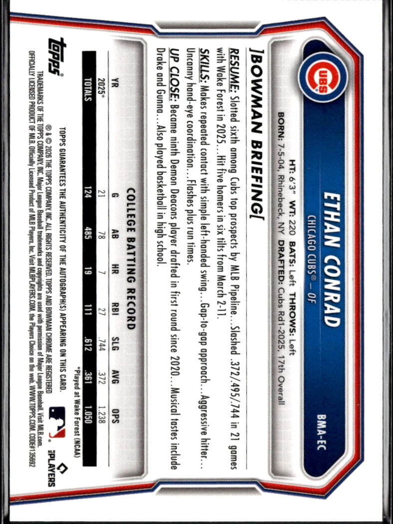 Ethan Conrad 2026 Bowman Chrome Auto Autograph Mega Box Chicago Cubs