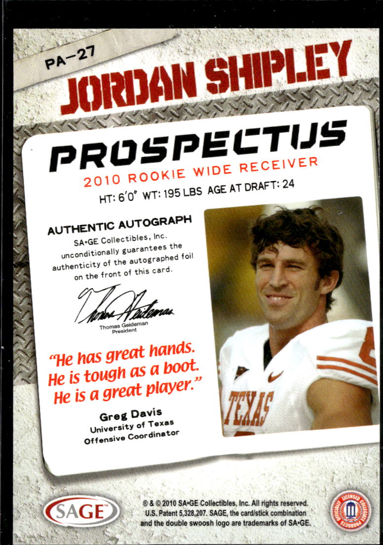 Jordan Shipley 2010 SAGE HIT Auto Autograph RC 72/100 Texas Longhorns