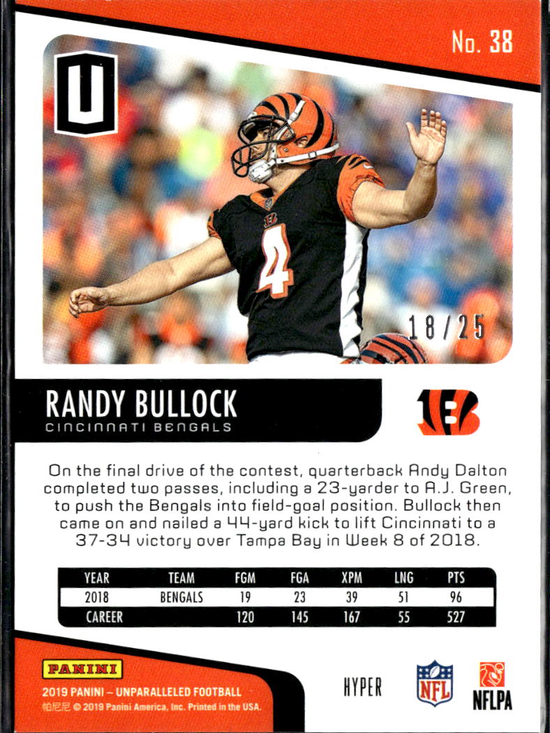 Randy Bullock 2019 Unparalleled Hyper Rookie RC 18/25 Cincinnati Bengals