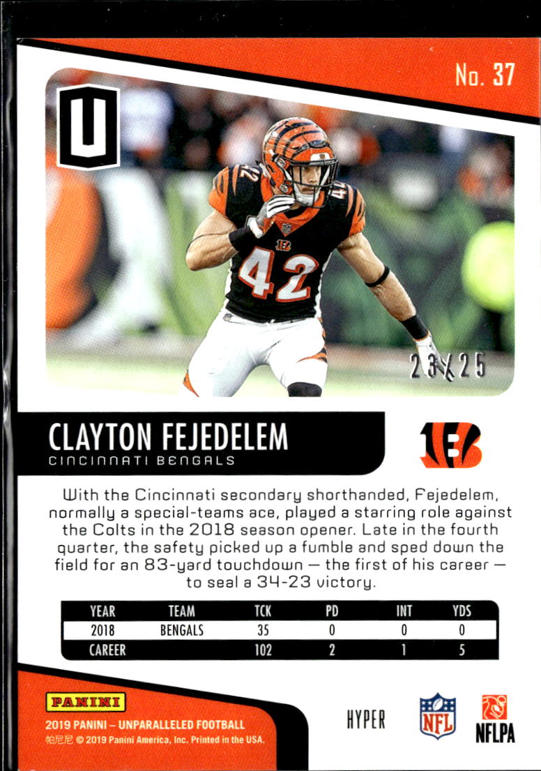 Clayton Fejedelem 2019 Unparalleled RC Rookie Hyper 23/25 Cincinnati Bengals