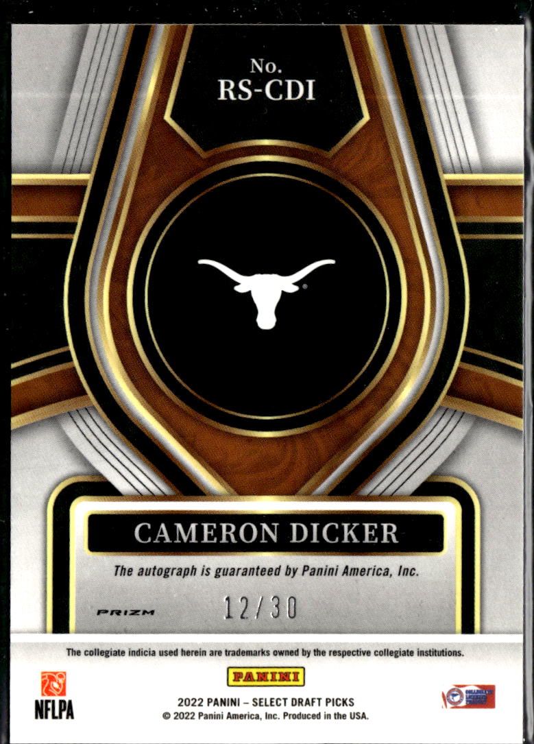 Cameron Dicker 2022 Select Auto Autograph RC Orange 12/30 Texas Longhorns
