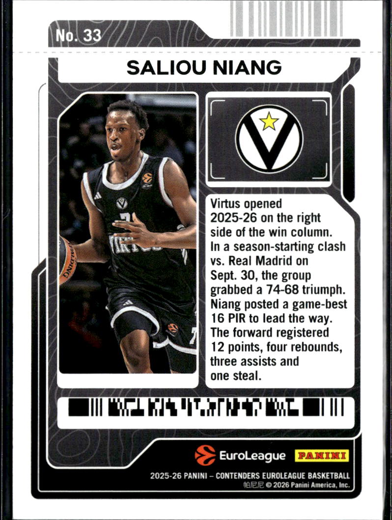 Saliou Niang 2026 Contenders Game Ticket SSP 5/5 Virtus Bologna