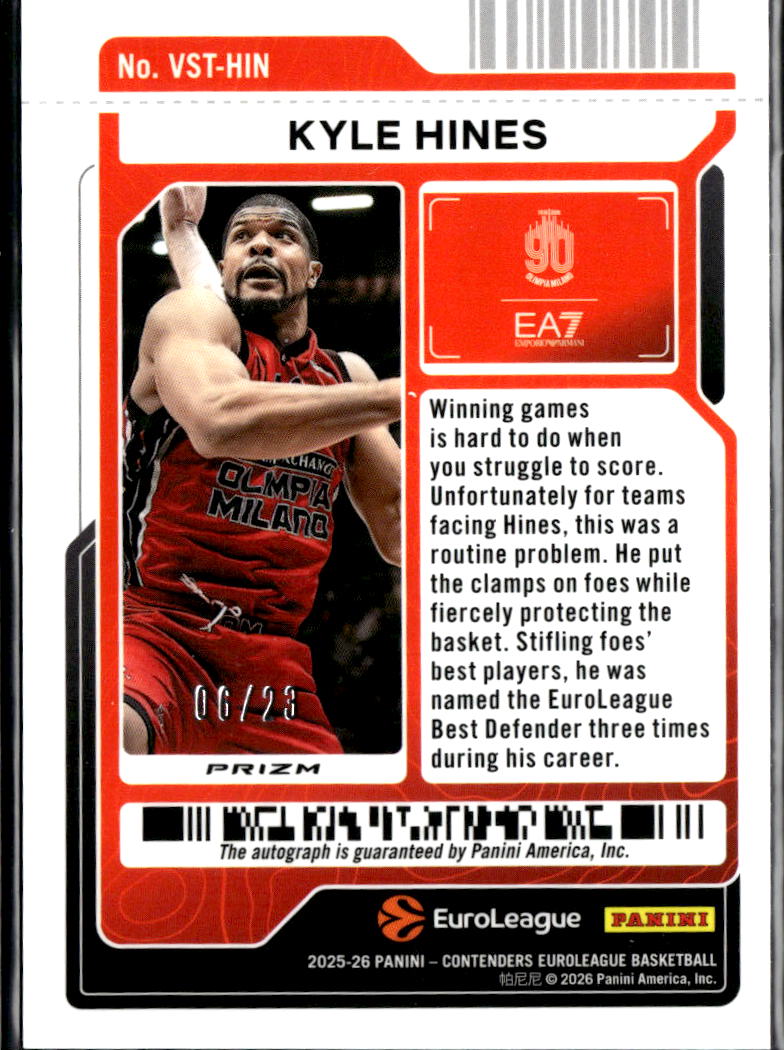 Kyle Hines 2026 Contenders EuroLeague Auto Autograph Cracked Ice 6/23 Milano