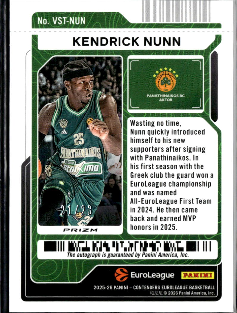 Kendrick Nunn 2026 Contenders EuroLeague Auto Autograph Ice /23 Panathinaikos BC