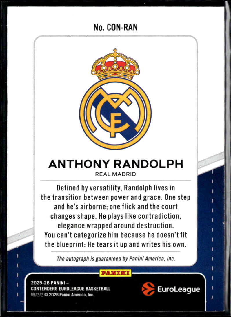 Anthony Randolph 2026 Contenders EuroLeague Auto Autograph 22/25 Real Madrid