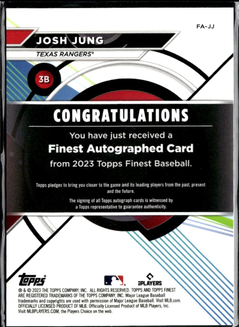 Josh Jung 2023 Topps Finest Auto Autograph Rookie RC Texas Rangers