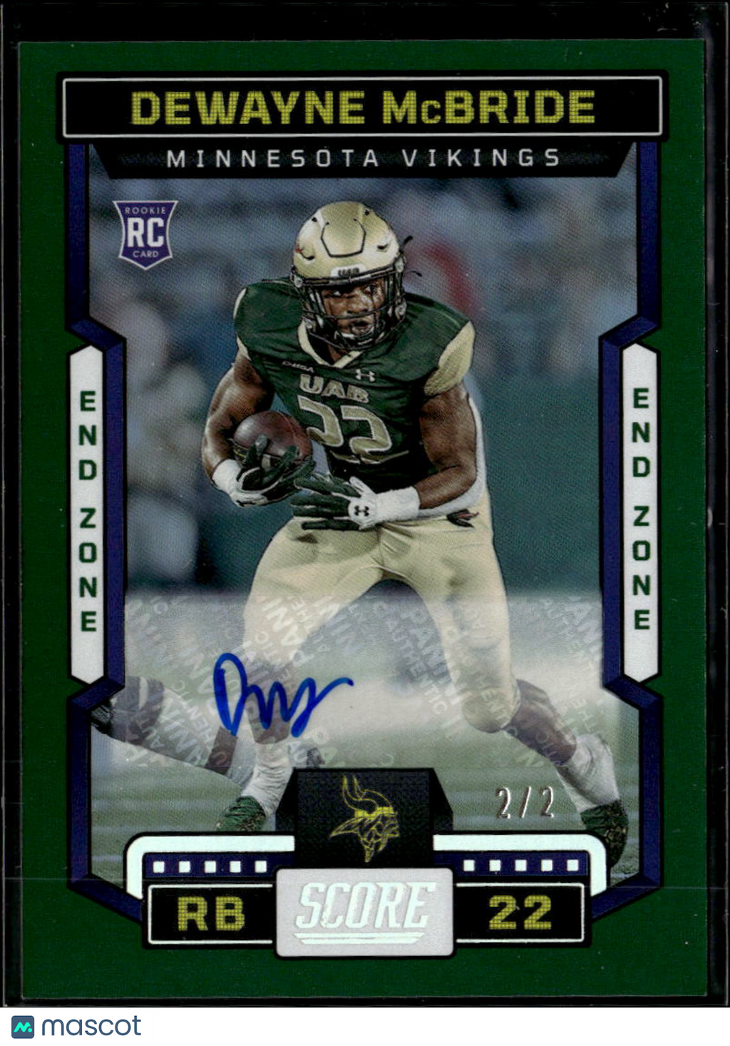 Dewayne McBride 2023 Score End Zone Green RC Auto Autograph 2/2 Vikings