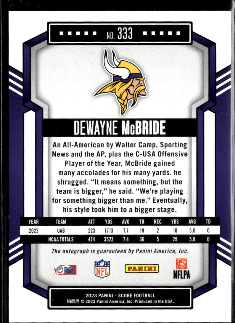 Dewayne McBride 2023 Score End Zone Green RC Auto Autograph 2/2 Vikings