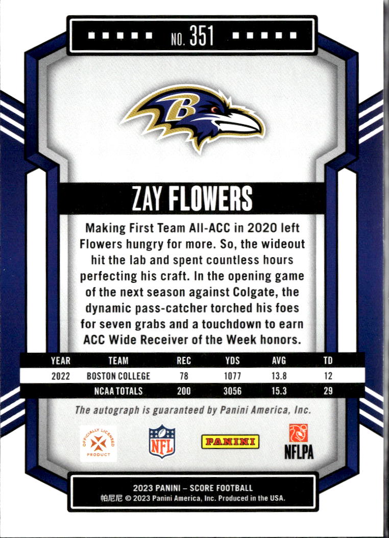 Zay Flowers 2023 Score Auto Autograph Rookie RC Baltimore Ravens