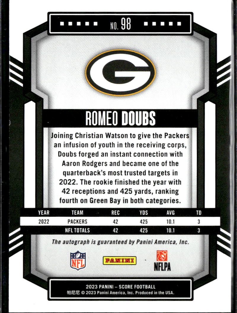 Romeo Doubs 2023 Score Auto Autograph Green Bay Packers Patriots